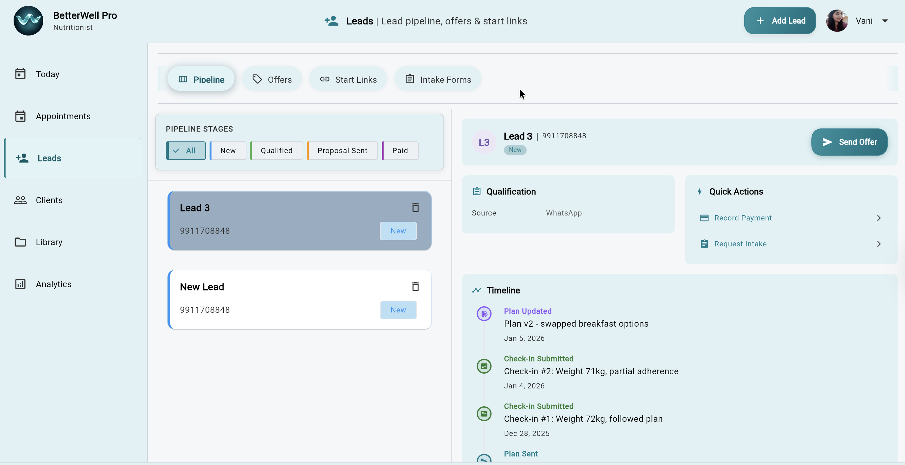 Practice App program builder showing diet plans and follow-up scheduling